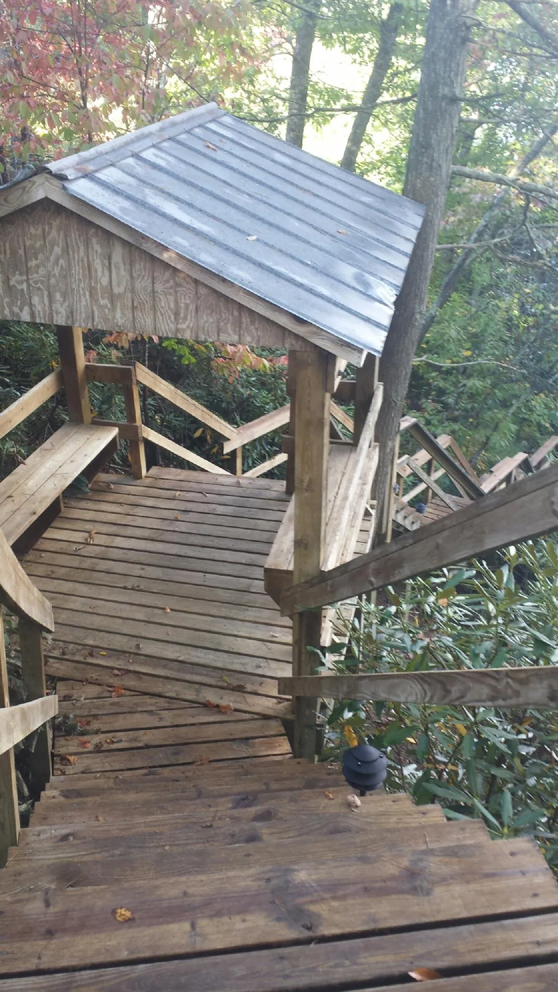 Metal roofed shelter over wooden steps on a wooded walkway — Skylight Repair & Installation work by our crew in Lake Bluff